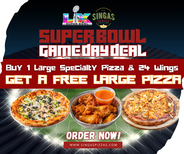 Buy 1 Large Specialty Pizza and 24 Wings and Get 1 Free Large Cheese Pizza.