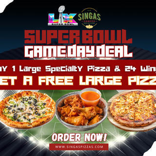 Buy 1 Large Specialty Pizza and 24 Wings and Get 1 Free Large Cheese Pizza