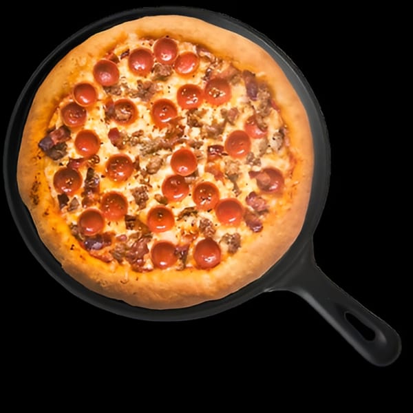 Singas Famous Pizza's pepperoni and sausage pizza in a black pan, on a black background.