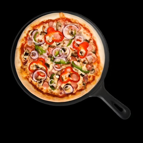 Singas Famous Pizza with red and green peppers, onions, and sausage in a pan.