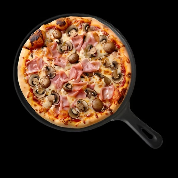 Singas Famous Pizza with ham and mushrooms in a black pan, on a black background.
