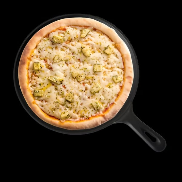 Singas Famous Pizza pan pizza with white cheese, artichoke hearts, and herbs.