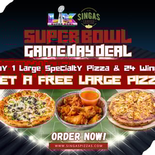 Buy 1 Large Specialty Pizza and 24 Wings and Get 1 Free Large Cheese Pizza