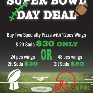 Buy Two specialty pizza with 12 pcs wings & 2ltr soda