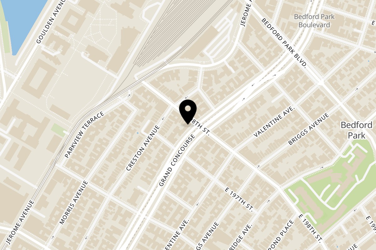 Map showing the location of Singas Famous Pizza Bronx on 2841 Grand Concourse in Bronx